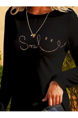 Nnstartshopping Kadın Uzun Kollu Bisiklet Yaka Gülümseyen Surat Desenli Viskon Bluz Siyah