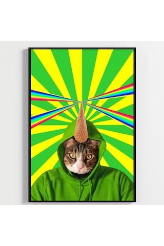 Besay Kozmik Kediler Renkli Ev Duvar Dekorasyonu Gökkuşağı Lazerli Ve Dondurmalı Komik Kedi Posteri 3'lü Set A2 Çerçevesi