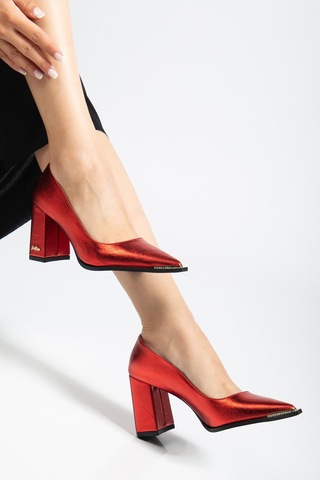 Suins Premium Verty Model Kadın Kalın Topuklu Burnu Taşlı Rugan Stiletto Ayakkabı Kırmızı