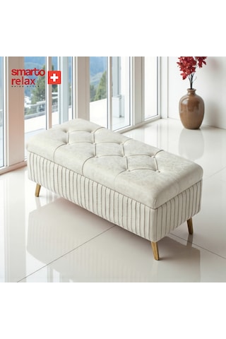 Smarto Relax Swiss Style Puf , Appenzell Kapitonesandıklı Puf, Babyface Kaplama, 110x40x45 Cm, Ahşap Ayaklı ,sandıklı Dekoratif Puf Bej Ekru