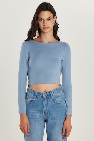 Tudors Kadın Slim Fit Dar Kesim Modal Kumaş Uzun Kollu Bisiklet Yaka Açık Mavi Bluz-34625 Açık Mavi