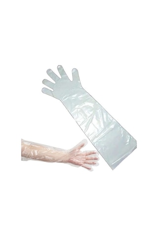 Trendooze 50 Adet Veteriner Eldiven, Şeffaf Yumuşak Plastik, Uzun Kollu, Beyaz