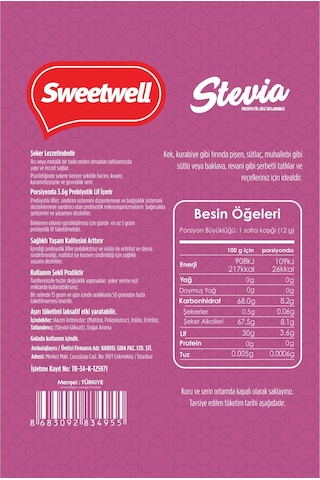 Sweetwell Stevia Prebiyotik Lifli Toz Sofralık Tatlandırıcı 500 G