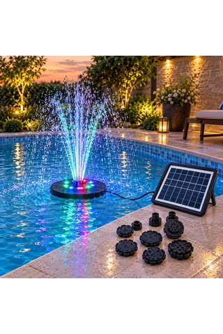 Güneş Enerjili Rgb Led Işıklı Havuz Fıskiyesi - Solar Panelli Yüzer Fıskiye Çoklu Püskürtme Başlıklı Gölet Süs Fıskiyesi & Kuş Banyosu