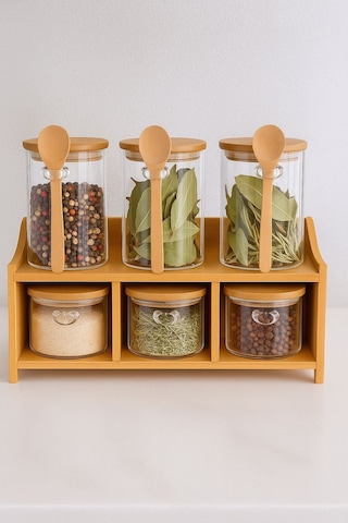 Qerhome 6lı Bambu Stantlı Borosilikat Cam Baharatlık Seti 430 Ml+330 Ml 11515 ŞEffaf