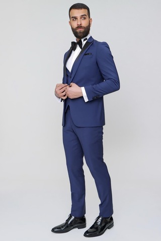 Efor Black 034 Slim Fit Yelekli Çıkarılabilir Saten Yaka Parlement Damatlık Smokin Takım Parlement