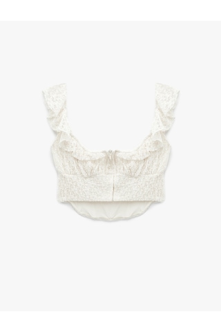 Koton Koton X Sibil Çetinkaya - Fırfır Detaylı Kolsuz Dantel Crop Korse Büstiyer Ekru 6sak10099uk