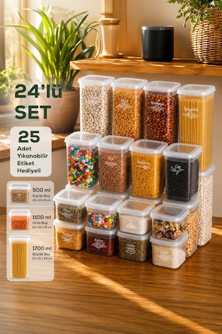 Porsima 433-4 Kare Etiketli Gıda Erzak Baharat Saklama Kabı 24 Lü