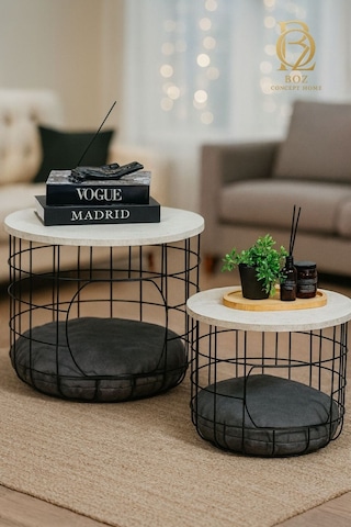 İkili Minderli Kedi Yuvalığı Metal Zigon Sehpa Seti Siyah