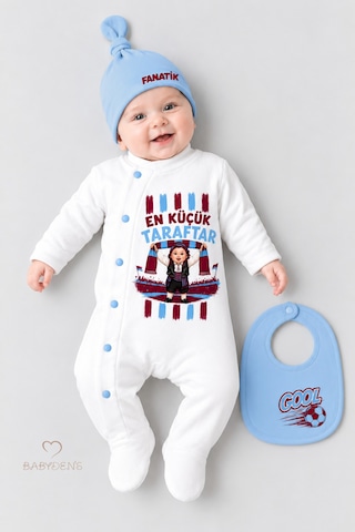 Babyden's 3'lü Bebek Tulum Seti Bordo Mavi En Küçük Taraftar Futbol Temalı Şapkalı Önlüklü Yenidoğan Bebek Tulum Seti Bordo - Mavi