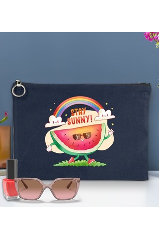 Bk Gift Yaz Temalı-7 Astarlı Lacivert Portföy Çanta 30x21cm, Baskılı El Çantası, Organizer Çanta