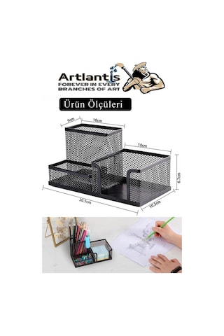 Masaüstü Metal Kalemlik Seti 3 Lü Kombo 1 Paket Fileli Perfore Siyah Kalemlik Ataşlık Kağıtlık Küpnotluk Düzenleyici Siyah