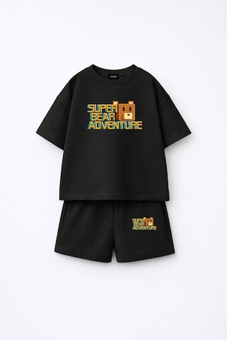 Fasardi Super Bear Adventure Süper Ayı Baskılı Oversize %100 Pamuk Tişört Şort 2li Çocuk Takım Siyah