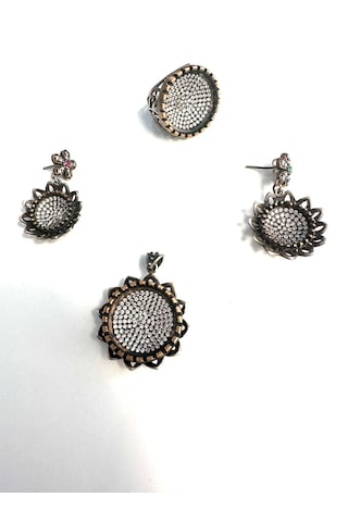 Aysesa El Yapımı Zirkon Taşlı Gümüş Set Takım 925 Ayar Yakut Zümrüt