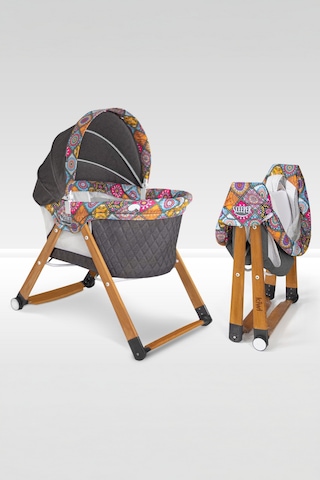 Kiwi Sleeper Anne Yanı Reflü Ayarlı, Tekerli, Katlanır Ahşap Beşik - Antik Bohem Desenli