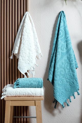 Kumsal 4'lü Hamam Seti %100 Pamuk 2 Adet 70x140 Beden, 2 Adet 50x90 El, Yüz, Saç Havlu , 1250gr Krem - Mavi