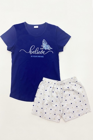 Kız Çocuk Şortlu Pijama Takımı Pamuk Baskılı A12 Lacıvert