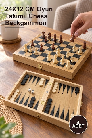 4 Adet Ahşap Satranç Ve Tavla Seti 24x12 Cm Oyun Takımı, Chess Backgammon