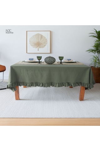 Dnc Home Tekstil Haki Keten Fırfırlı Masa Örtüsü Haki
