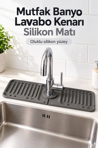 Lavabo Kenarı Silikon Su Geçirmez Musluk Matı 37x14cm Gri