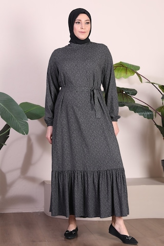 Kadin Buyuk Beden Elbise Tesettur Giyim Hakim Yaka Çıtır Desen 001