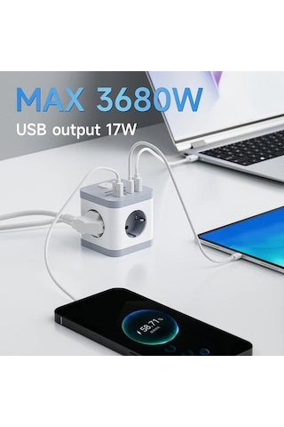 Honeybeeshop Lıpwel 3680w Maksimum Güç Kaynağı Küpü Usb Hızlı Şarj 17w Çıkış 16a 3680w Kapasite 3 Metre Beyaz Seyahat Adaptörü