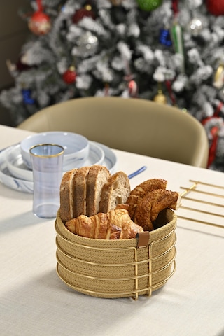 Altın Yuvarlak Ekmek Sepeti Şık,ekmeklik Kahve Hasır Örmeli Makrome-çok Amaçlı Metal Paslanmaz Altın