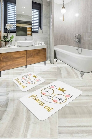 Ekru Kedi Temalı Banyo Halısı Klozet 2'li Paspas Seti Bs256n11