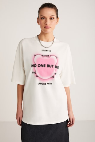 Ethıquet Bug Kadın %100 Organik Pamuklu Baskı Detaylı Oversize Fit Bol Kesim Kısa Kollu Ekru T-shirt