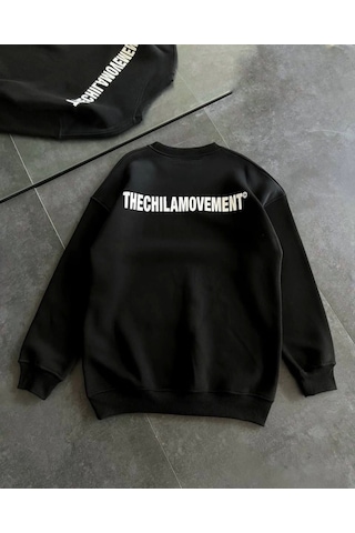 Mythrıva Kışlık Bisiklet Yaka Oversize Baskılı Sweatshirt - Siyah