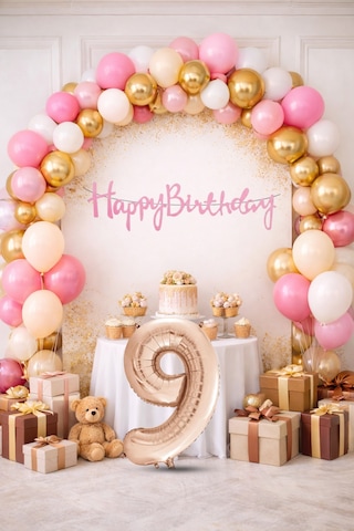 9 Yaş Pompa Hediyeli Doğum Günü Seti Banner Gold Pembe Kum Beji Beyaz Balonlar Rose Gold Rakam Çok Renkli