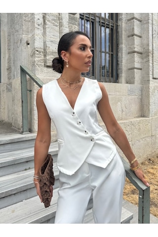 Ahes Shopping Kadın Sıfır Kollu Çapraz V Yakalı Önden Düğmeli Atlas Yelek Ve Pantolon Ikili Takım Beyaz
