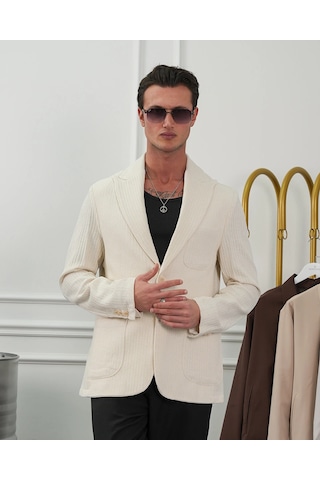 Modefendi %100 Pamuk Keten Modern Fit Keten Ceket Krem