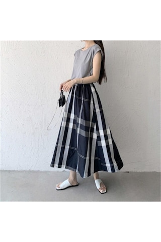Qooth Kadınlar Rahat 8 Renk Büyük Ekose A-line Etek Tembel Elastik Bel Büyük Salıncak Uzun Etek Bahar Yaz Qt2055 Siyah