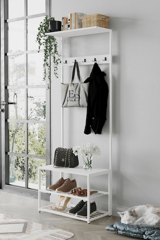 Ruby Vestiyer , Portmanto , Askılık , 3 Raflı Ayakkabılık , Beyaz Metal - Beyaz Tabla