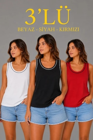 Valensdesign 3 Lü Kolsuz Sporcu Atlet Seti Yazlık Bisiklet Yakalı - Beyaz, Siyah, Kırmızı Çok Renkli