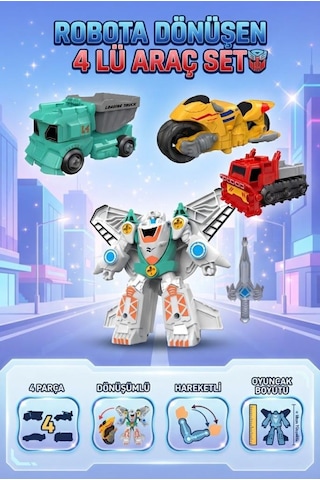 TıfılToys City Transformers Series 4'ü 1 Arada Dönüşümlü Robota Dönüşen Araçlar Eğlenceli Oyuncak Seti