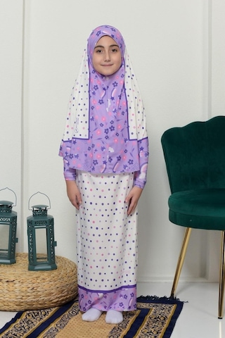 Çocuk Namaz Takımı Pratik İki Parça Desenli Kollu Tak Çıkar Başörtülü Likralı Tesettür Elbise 6-12 Yaş 901-0401 Çok Renkli