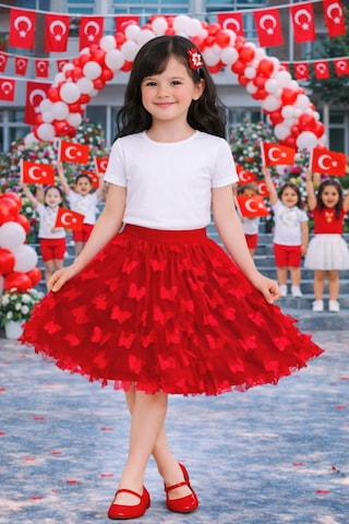 Her Şey Nota Kız Çocuk Kırmızı Kelebek Detaylı Tül Etek Okul Ve Bayram Etkinlik 5-13 Yaş