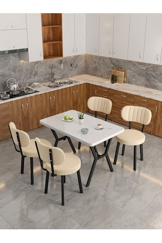 Azra 70x110cm Beyaz Mutfak Masası, Mutfak Masası Takımı, Yemek Masası, 4 Krem Sandalye Krem