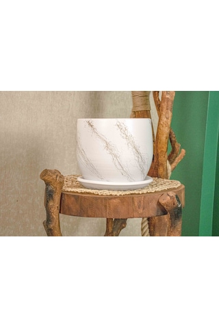 Bitki Tasarımı Beyaz Üzeri Gold Tabaklı Terracota Toprak Saksı Saksılık Salon Çiçeklik 19 Cm