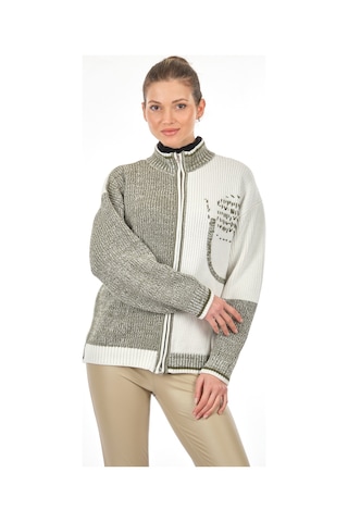 Unique Mode Dik Yaka Yazılı Uzun Kollu Haki Kadın Hırka UW231062 Haki