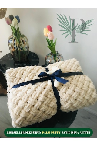 Palm Puffy Hasır Örgülü Bej Bebek Battaniyesi Bej
