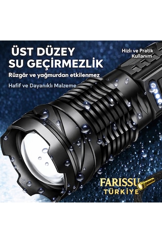 2500 Lümen Şarjlı Taktik Led El Feneri 7 Modlu, Zoom Özellikli, Cob Yan Işıklı + Özel Kılıf Hediyeli Siyah