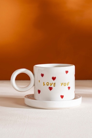Rivaistanbul I Love You Amore El Yapımı Seramik Double Kahve Fincanı Mug Kupa Krem