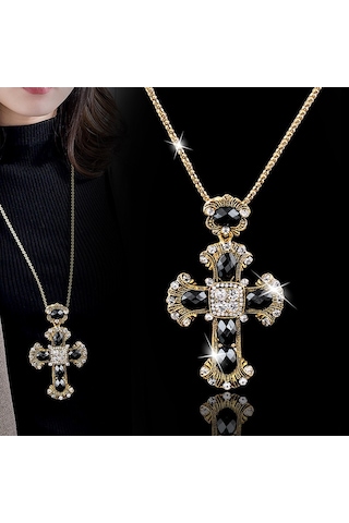 Soulader Vintage Tarz Çapraz Kolye Uzun Zincir, Siyah Renkli Taş Detaylı Kadın Kolyesi, Özel Günler İçin Şık Takı Çok REnkli
