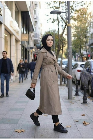 Hb Harma Time Butik Kadın İçi Astarlı Kuşaklı Düğmeli Bej Bondit Trençkot
