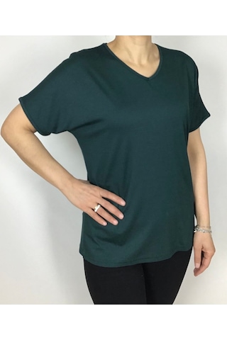 Kısa Kol V Yaka Likralı Düz Penye Bluz Zümrüt