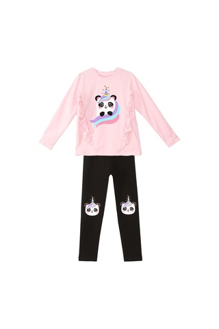 Denokids Panda Unicorn Kız Çocuk Pembe T-shirt Siyah Tayt Takım Pembe - Siyah