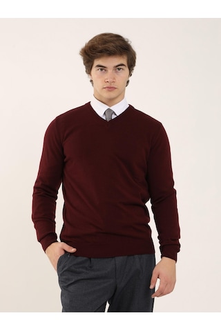 Dufy Bordo Erkek Slim Fit V Yaka Triko - 91117 Bordo